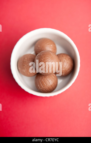 Fünf Milchschokolade Trüffel in einer Schale weißen Töpfchen setzen auf rotem Grund Stockfoto