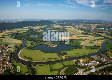 Luftaufnahme, Porta Westfalica, Grosser Weserbogen Flussschleife, Weser gelegen, Stockfoto