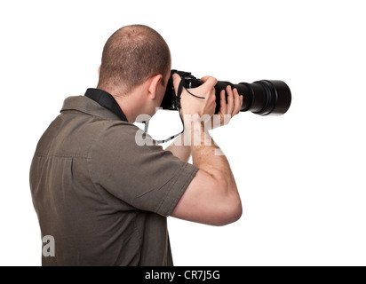 Mann mit Kamera und riesigen Objektiv Stockfoto