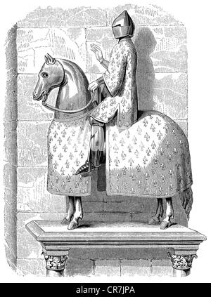 Philipp IV. "Die Messe", 1268 - 29.11.1314, König von Frankreich 1285 - 1314, voller Länge, zu Pferd in Rüstung, nach seinem Sieg in Flandres, Holzgravur, 19. Jahrhundert, nach einer Reiterstatue (zerstört im Jahr 72-3), in Paris, Stockfoto