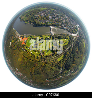 Luftaufnahme, fisheye erschossen, Golfplatz am Baldeneysee oder See Baldeney, Ruhr River, Essen-Werden, Essen, Ruhrgebiet Stockfoto