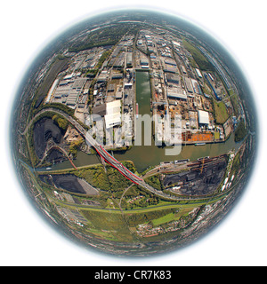 Luftaufnahme, fisheye erschossen, Stadthafen, Stadthafen von Essen, Rhein-Herne-Kanal, Essen, Ruhrgebiet, Nordrhein-Westfalen Stockfoto