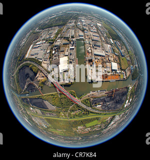 Luftaufnahme, fisheye erschossen, Stadthafen, Stadthafen von Essen, Rhein-Herne-Kanal, Essen, Ruhrgebiet, Nordrhein-Westfalen Stockfoto