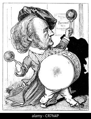 Wagner, Richard, 22.5.1813 - 13.2.1883, deutscher Komponist, mit großer Kettledrum, Karikatur, Holzgravur, Humorisisches Blatt, Wien, 1882, Stockfoto