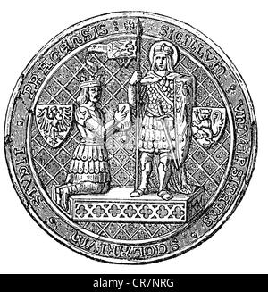 Karl IV., 14.5.1316 - 19.11.1378, Heiliger römischer Kaiser 5.4.1355 - 19.11.1378, genuflect vor dem Heiligen Wenceslaus, Siegel der Universität Prag, 14. Jahrhundert, Holzgravur, 19. Jahrhundert, Stockfoto