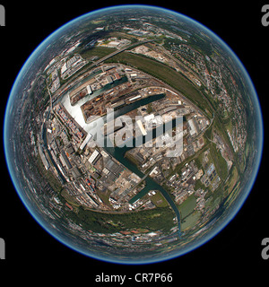 Luftbild, fisheye Schuss, Dortmund-Ems-Kanal und Hafen, Dortmund, Ruhrgebiet Region, North Rhine-Westphalia, Deutschland, Europa Stockfoto