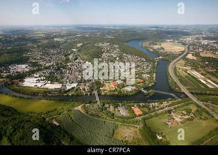 Luftaufnahme, Fluss Ruhr zwischen Hagen, Dortmund und Herdecke Städte, Pumpspeicher-Kraftwerk Koepchenwerk in Herdecke, Stockfoto