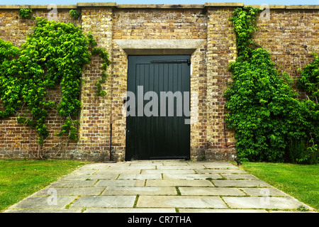 Tür in einer alten Mauer mit Efeu bedeckt Stockfoto