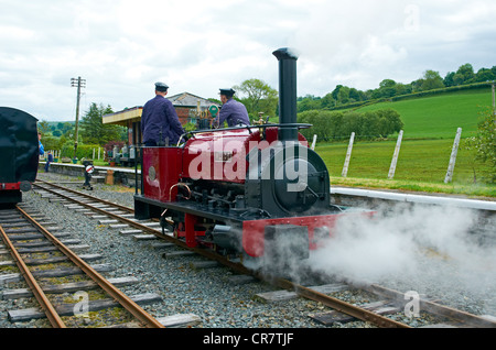 Bala Lake Railway - Llanuwchllyn Station mit Quarry Hunslet 'Alice' Runde seinen Zug ausgeführt. Stockfoto