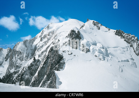 Frankreich, Haute Savoie, Mont Blanc (4807 m) und Mont Maudit Aussicht vom Gipfel des Mont Blanc du Tacul Stockfoto