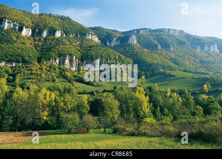 Frankreich, Aveyron, Riviere Sur Tarn und Tarn-Tal im Herbst Causse Noir Gesimse Stockfoto
