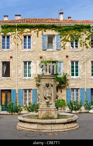 Frankreich, Gard, Barjac, Renaissance-Stadt zwischen den Schluchten de l'Ardeche und Ceze in der provenzalischen Gard, Brunnen vor der Stockfoto