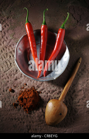 Drei Chili Paprika (Capsicum) auf einem Zinn-Teller mit einem Holzlöffel und Chili-Pulver auf einem rustikalen Steinoberfläche Stockfoto