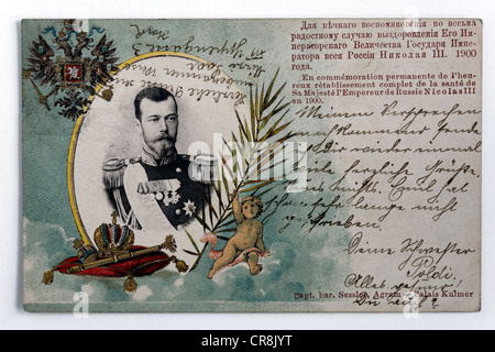 Nikolaus II., Zar, historische Postkarte mit Doppeladler Wappen, farbig, mit Schriftzug, ca. 1914 Stockfoto