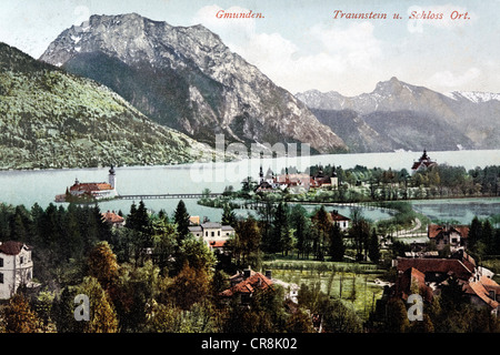 Traunsee-See mit Schloss Orth Castle, Oberösterreich, Österreich, historische Postkarte um 1900 Stockfoto