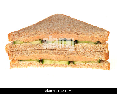 Frisch zubereitete oder zubereitete gesunde Lachs und Gurke Sandwich auf Schwarzbrot mit kein Volk gegen einen weißen Hintergrund mit Keine Personen Stockfoto