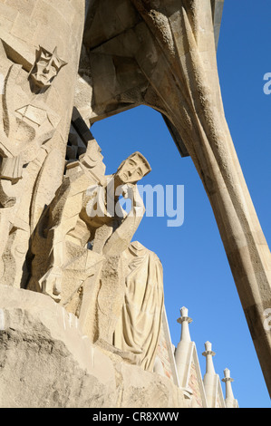 Skulptur, Leidenschaft Fassade, La Sagrada Familia, Temple Expiatori De La Sagrada Familia, Basilika und Expiatory Kirche des Heiligen Stockfoto