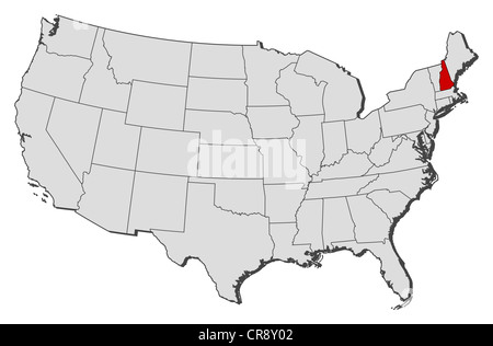Politische Landkarte der USA mit den mehrere Staaten wo New Hampshire markiert ist. Stockfoto