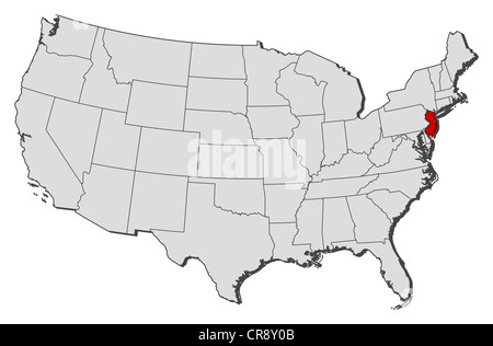 Politische Landkarte der USA mit den mehrere Staaten wo New Jersey markiert ist. Stockfoto