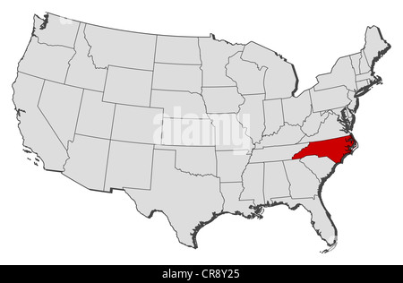 Politische Landkarte der USA mit den mehrere Staaten North Carolina wo markiert ist. Stockfoto