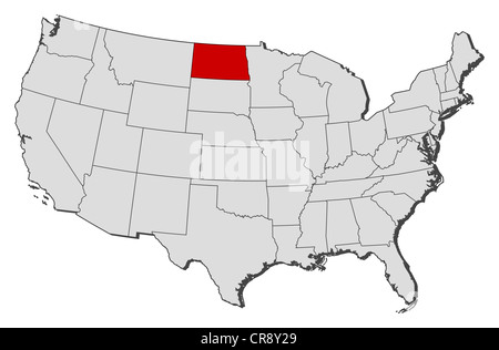 Politische Landkarte der USA mit den mehrere Staaten North Dakota wo markiert ist. Stockfoto