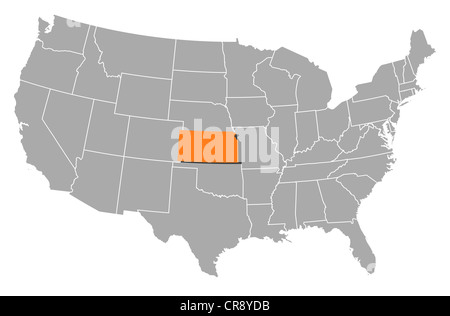 Politische Landkarte der USA mit den mehrere Staaten, wo Kansas markiert ist. Stockfoto