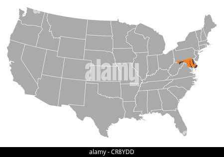 Politische Landkarte der USA mit den mehrere Staaten wo Marylansd markiert ist. Stockfoto