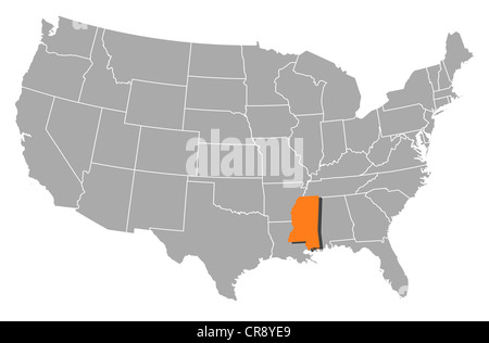 Politische Landkarte der USA mit den mehrere Staaten wo Mississippi markiert ist. Stockfoto