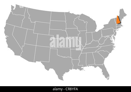 Politische Landkarte der USA mit den mehrere Staaten wo New Hampshire markiert ist. Stockfoto