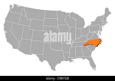 Politische Landkarte der USA mit den mehrere Staaten North Carolina wo markiert ist. Stockfoto