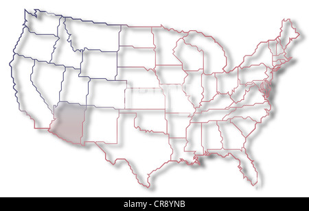 Politische Landkarte der USA mit den mehrere Staaten wo Arizona markiert ist. Stockfoto