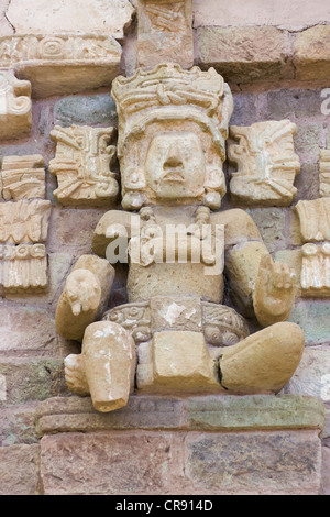 Geschnitzte Figur in Copan Ruinen, Maya Site von Copan, UNESCO-Weltkulturerbe, Honduras Stockfoto