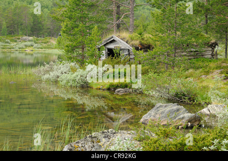 Alte Hütte neben See Lemonsjøen, Norwegen, Skandinavien, Europa Stockfoto