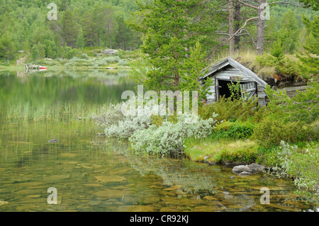 Alte Hütte neben See Lemonsjøen, Norwegen, Skandinavien, Europa Stockfoto