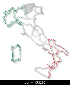 Politische Karte von Italien mit den mehrere Regionen in Trentino-Alto Adige/Südtirol markiert ist. Stockfoto