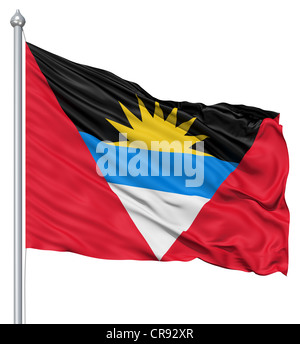 Flagge von Antigua und Barbuda mit Fahnenmast winken in den Wind vor weißem Hintergrund Stockfoto