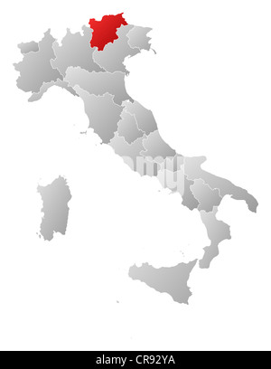 Politische Karte von Italien mit den mehrere Regionen in Trentino-Alto Adige/Südtirol markiert ist. Stockfoto