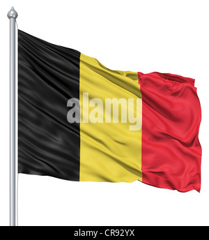 Flagge von Belgien mit Fahnenmast winken in den Wind vor weißem Hintergrund Stockfoto