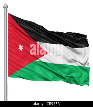 Flagge von Jordanien mit Fahnenmast winken in den Wind vor weißem Hintergrund Stockfoto