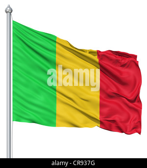 Flagge der Mali mit Fahnenmast winken in den Wind vor weißem Hintergrund Stockfoto