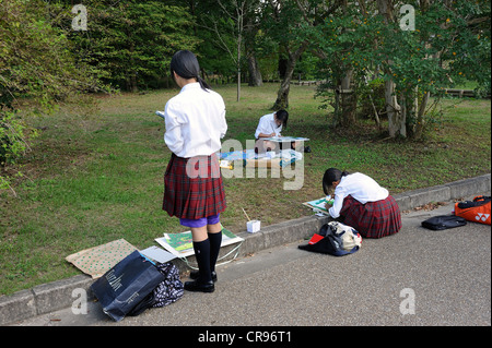Schülerinnen und Schüler Malen während einem Kunstkurs im Botanischen Garten in Kyoto, Japan, Südostasien, Asien Stockfoto