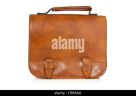 braune Ledertasche mit Reflektion auf weißem Hintergrund Stockfoto