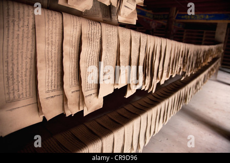 Derge Parkhang Druckerei im Jahre 1729 gebaut. Reihen von bedrucktem Papier und Druckerzeugnissen hängt an einer Schiene. Religiöse Texte. Stockfoto