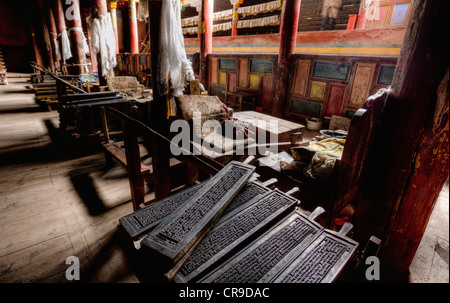 Derge Parkhang Druckerei im Jahre 1729 gebaut. Ausstattung und Druckerzeugnisse. Religiöse Texte. Roheisen set Seiten. Bibliothek. Stockfoto