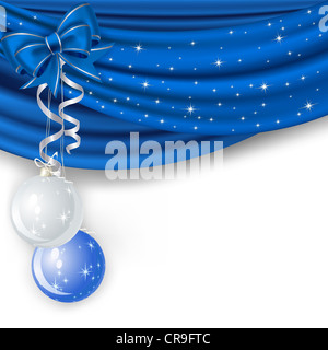 Weihnachten Hintergrund mit blauer Vorhang und Kugeln Stockfoto