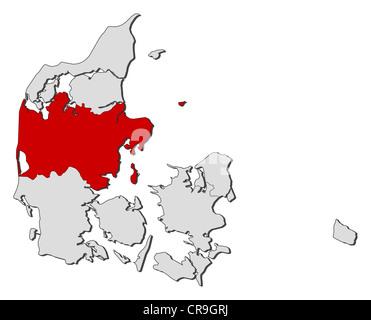 Politische Karte von Dänemark mit den mehreren Regionen, wo zentrale Dänemark markiert ist. Stockfoto