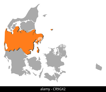 Politische Karte von Dänemark mit den mehreren Regionen, wo zentrale Dänemark markiert ist. Stockfoto