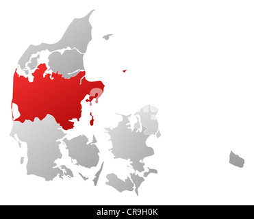 Politische Karte von Dänemark mit den mehreren Regionen, wo zentrale Dänemark markiert ist. Stockfoto