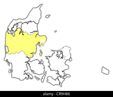 Politische Karte von Dänemark mit den mehreren Regionen, wo zentrale Dänemark markiert ist. Stockfoto