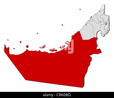 Politische Karte von den Vereinigten Arabischen Emiraten mit den verschiedenen Emiraten Abu Dhabi wo markiert ist. Stockfoto
